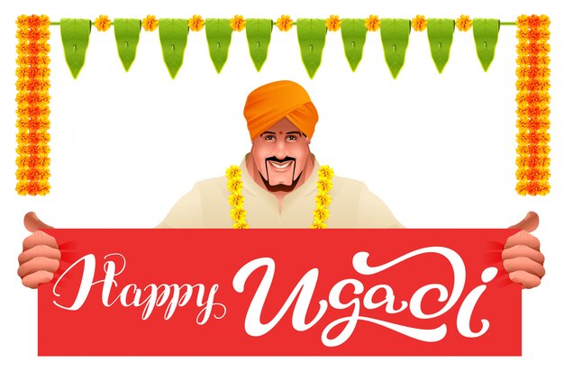 Hombre hindú sostiene banner feliz ugadi