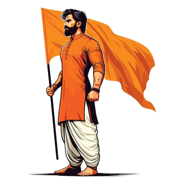 Vector hombre hindú y tilak naranja con una bandera bhagva de azafrán en su mano ilustración vectorial jay shree r