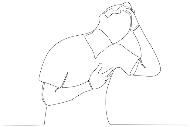 Un hombre hipertenso tiene un ataque de dolor de cabeza Dibujo de una línea de hipertensión