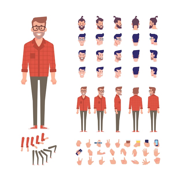 Hombre hipster para animación con varias caras de peinados y gestos Vector de vista frontal lateral posterior