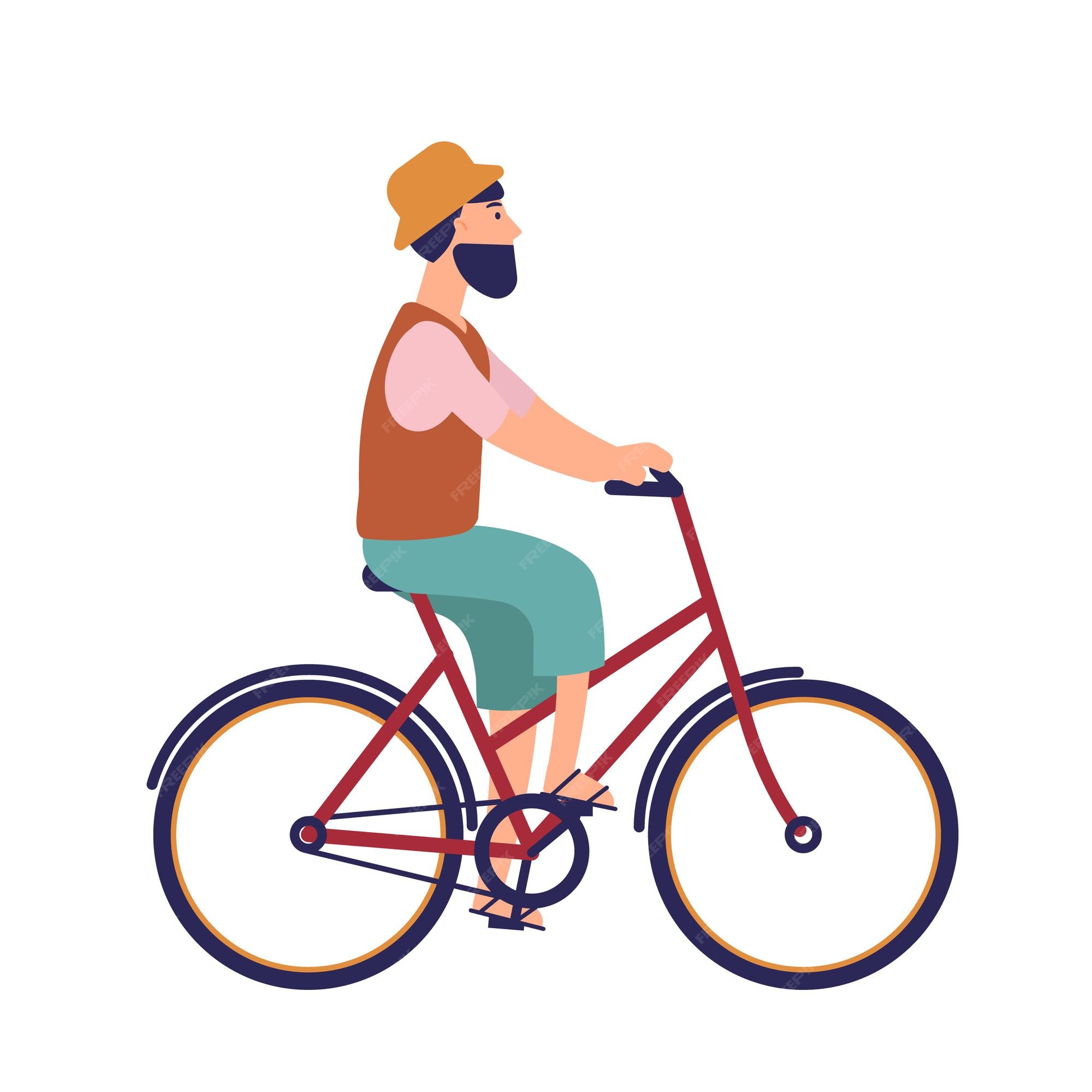 Hombre hipster barbudo con sombrero y ropa casual montando bicicleta ciudad. divertido personaje masculino en bicicleta. ciclista pedaleando aislado en superficie blanca | Premium
