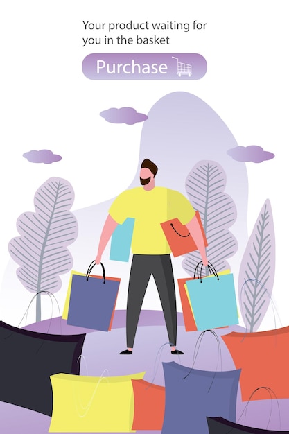 Hombre hipster de compras con bolsas de compras Lugar de plantilla de página web o banner para vector de moda de texto