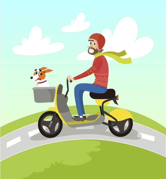 Hombre hipster montando scooter amarillo con su vector de dibujos animados de perro jack russell terrier Ilustración en estilo de dibujos animados