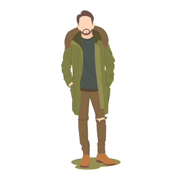 Hombre hipster de pie con abrigo grueso y jeans ilustración aislada