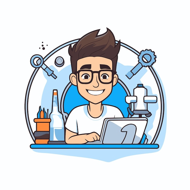 Vector hombre hipster trabajando en una computadora portátil ilustración vectorial al estilo de dibujos animados