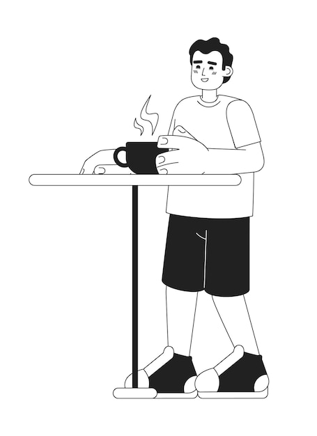 Hombre hispano feliz en la cafetería personaje vectorial plano monocromático Reunión Beber café caliente Línea delgada editable persona de cuerpo completo en blanco Imagen de spot de dibujos animados simple para diseño gráfico web