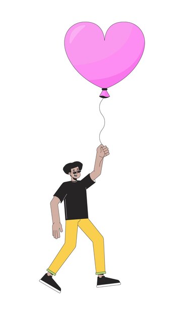 Hombre hispano volando con globo en manos personaje de dibujos animados lineales 2D