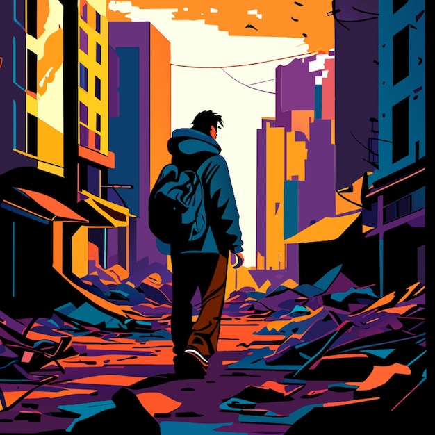 Vector hombre sin hogar caminando ciudad destruida ilustración vectorial