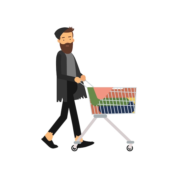 Hombre sin hogar empujando carrito de compras con sus posesiones, hombre desempleado que necesita ayuda ilustración vectorial de dibujos animados aislado en un fondo blanco