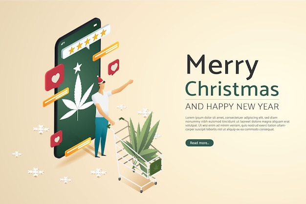 Hombre con hoja de cannabis en carrito de compras feliz de compras en línea en vacaciones de navidad de smartphone