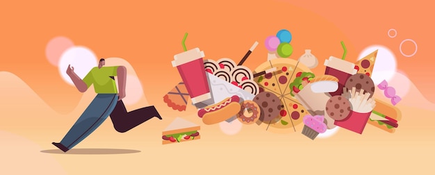 Hombre huyendo del surtido de comida chatarra del concepto de adicción a la comida chatarra de nutrición malsana de comida rápida