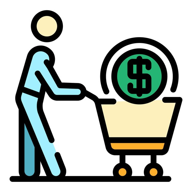 Hombre con icono de carrito de compras Contorno hombre con icono de vector de carrito de compras color plano aislado