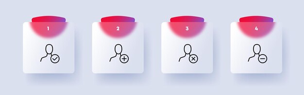 Hombre con icono de conjunto de botones Marcar más menos cruzar Agregar nueva información Eliminar botón Error marca de verificación Aceptar hecho Verificación Concepto de archivo Estilo de morfismo de vidrio Icono de línea vectorial para negocios
