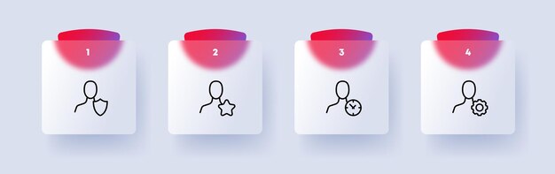 Hombre con icono de conjunto de botones Más menos engranaje de estrella dólar reloj garrapata cruz puntero Agregar eliminar favoritos configuración protección de tiempo Estilo de morfismo de vidrio Icono de línea vectorial para negocios