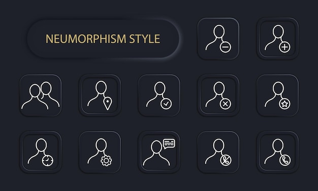 Hombre con icono de conjunto de botones Menos más agregar eliminar favoritos puntero marca cruzada marca de verificación mensaje de engranaje de burbuja de diálogo Estilo de neomorfismo Icono de línea vectorial para negocios