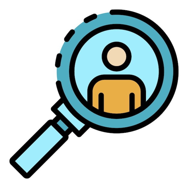 Hombre bajo icono de lupa Contorno hombre bajo icono vectorial de lupa color plano aislado