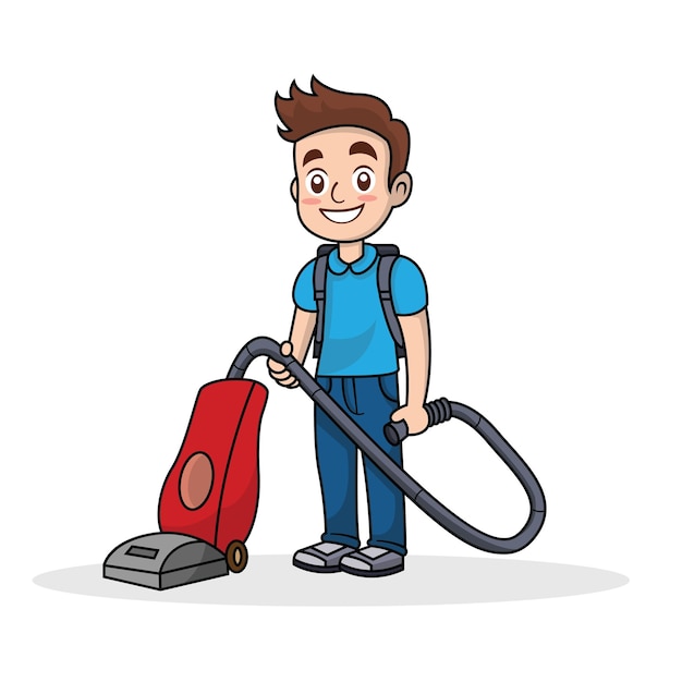 Vector hombre icono de servicio de limpieza hombre de dibujos animados lindo con aspiradora máquina de limpiar el piso