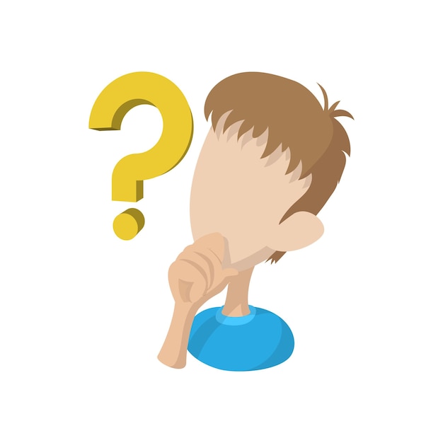 Hombre con icono de signo de interrogación en estilo de dibujos animados aislado sobre fondo blanco
