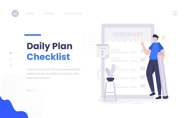Un hombre con la ilustración de la lista de verificación del plan diario en la plantilla de banner web