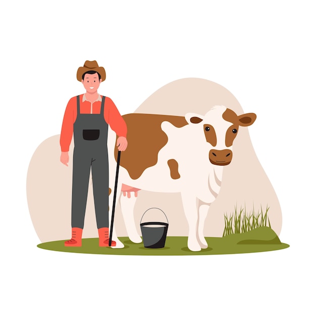 Hombre con ilustración de vector de vaca