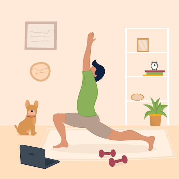 Hombre de ilustración vectorial haciendo yoga en su apartamento con perro