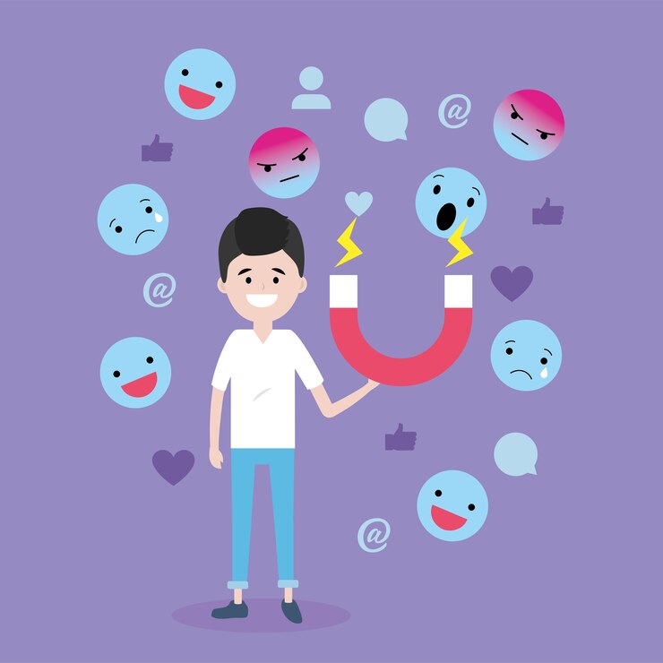 Vector hombre con imán y emoji mensaje mediático.