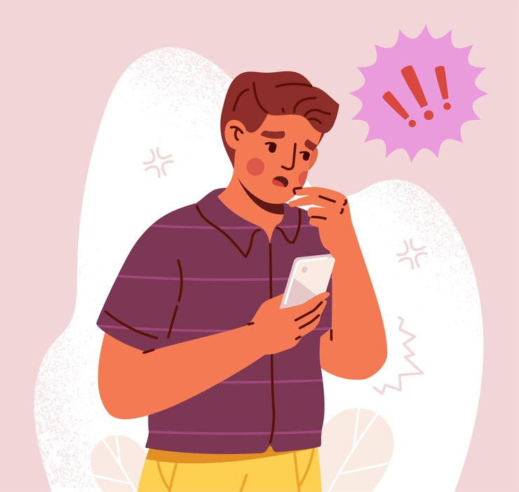 Vector hombre impactado con concepto telefónico de malas noticias en redes sociales, psicología y salud mental, joven