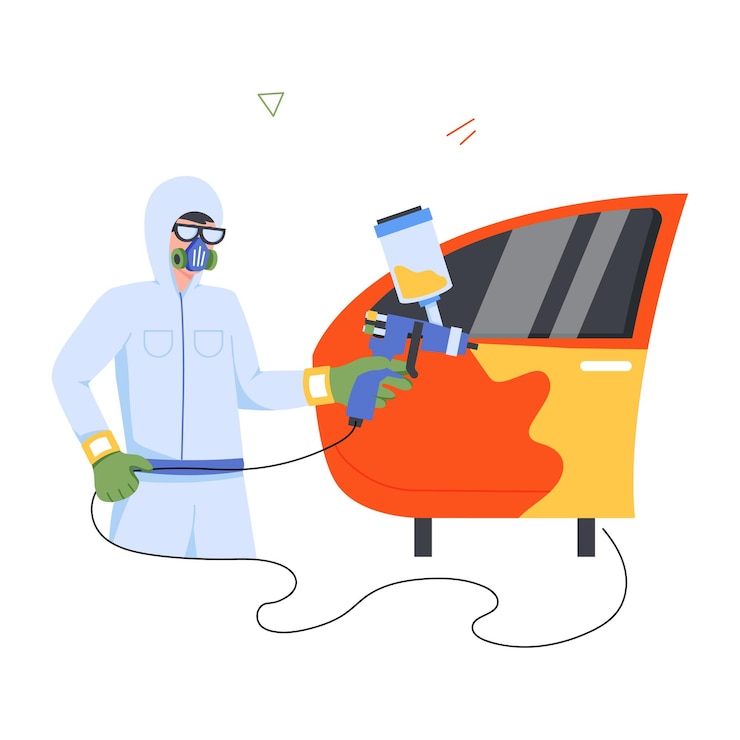 Vector un hombre con un impermeable azul está trabajando en un coche