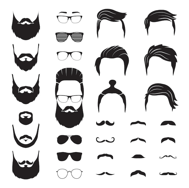 Hombre inconformista. Barba masculina, bigote. Cara de hombre aislado con gafas. Iconos de peluquería de moda