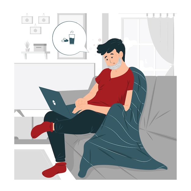 hombre independiente que trabaja desde casa con máscara médica sentado en la ilustración de soda
