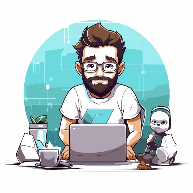 Hombre independiente trabajando en la computadora Ilustración vectorial en estilo de dibujos animados