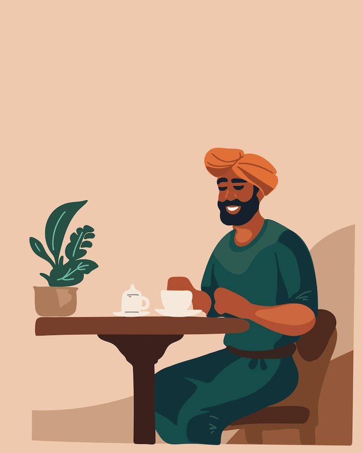 Vector hombre indio bebiendo café en la mesa