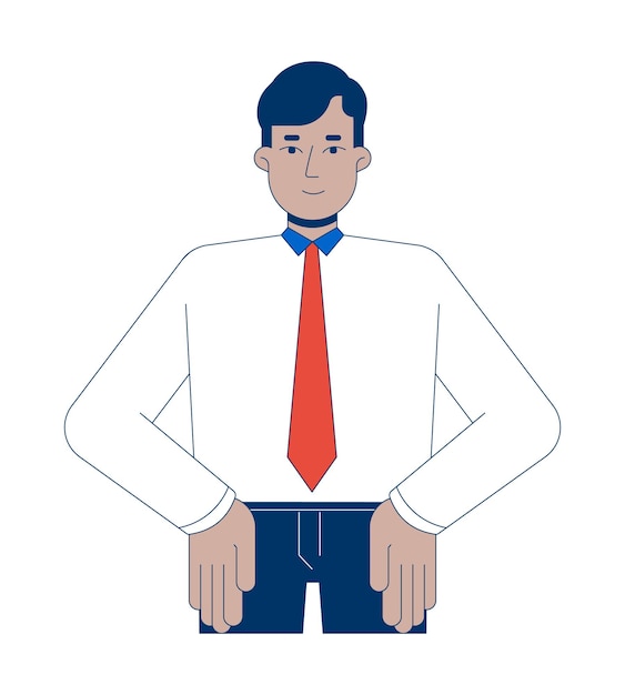 Hombre indio camisa corbata trabajador de oficina manos en las caderas personaje de dibujos animados 2D