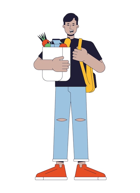 Hombre indio con compras línea plana carácter vectorial de color Hombre sosteniendo mochila Ir de compras Contorno editable cuerpo completo persona en blanco Ilustración simple de spot de dibujos animados para diseño gráfico web