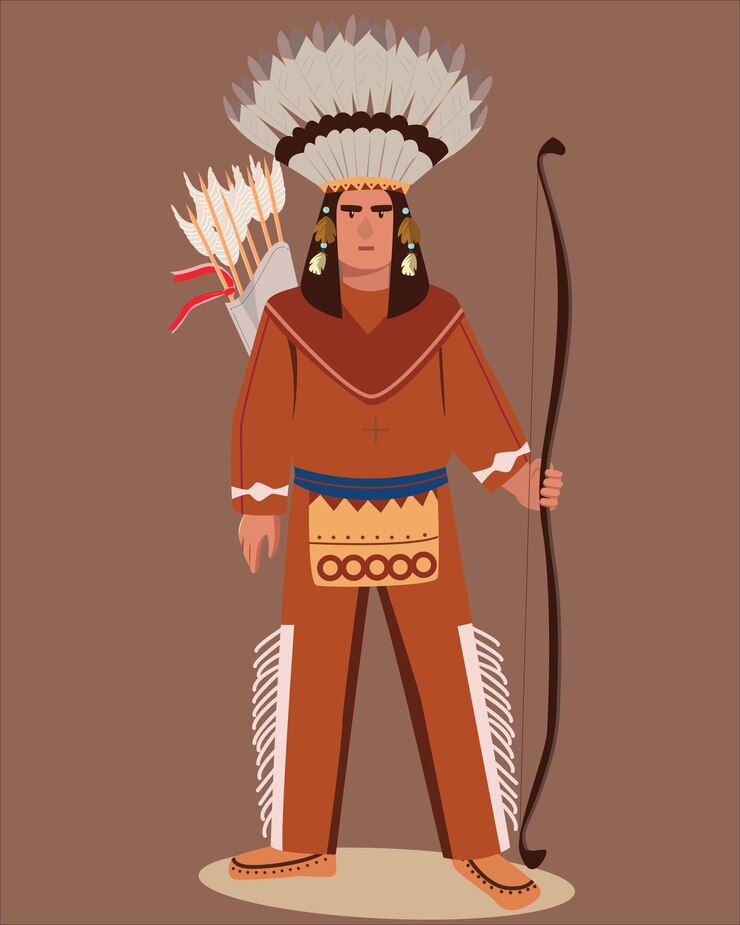 Vector hombre indio estadounidense en traje tradicional y flecha hombre indio guapo tribu nativa americana