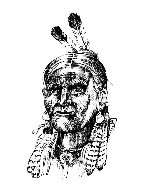 Hombre indio nativo americano con tocado y plumas mascota de la cabeza del norte o del oeste de la cultura tradicional sioux grabada a mano a media cara dibujada realista en el antiguo estilo vintage de boceto