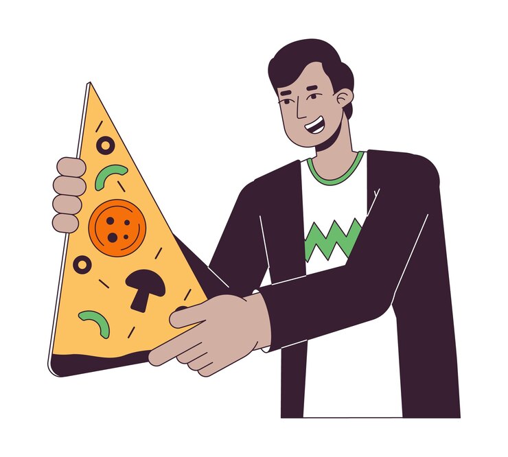 Vector hombre indio optimista con gran rebanada de pizza línea plana color vector personaje contorno editable persona de medio cuerpo en blanco entrega de alimentos simple caricatura spot ilustración para diseño gráfico web