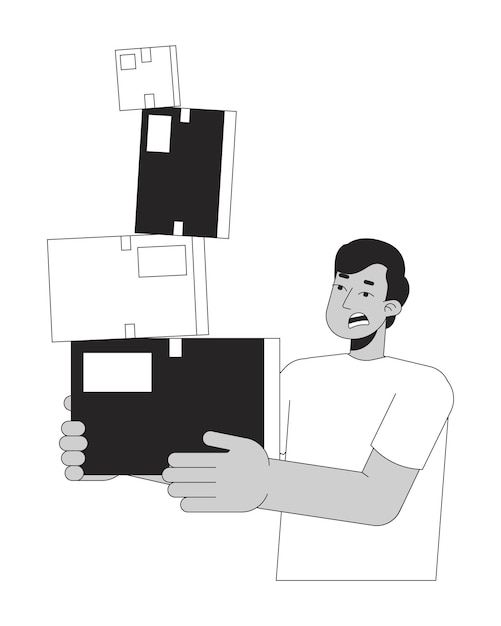 Hombre indio con problemas que lleva cajas de cartón inestables personaje de dibujos animados de línea 2D en blanco y negro paquetes que sostienen hombre del sur de Asia contorno vectorial aislado persona ilustración de punto plano monocromático