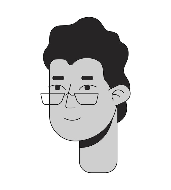 Hombre indio sonriente con gafas en blanco y negro línea 2D cabeza de personaje de dibujos animados cabello corto ondulado tipo gafas con contorno vectorial aislado cara de persona ilustración de punto plano monocromático suave