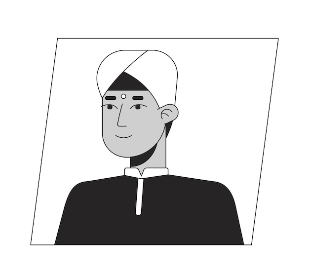 Hombre indio en turbante icono de avatar de dibujos animados en blanco y negro Personaje 2D editable Retrato de usuario Ilustración plana lineal Perfil de cara vectorial Contorno cabeza y hombros de la persona