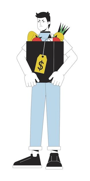 Hombre infeliz sostener bolsa con compras carácter de vector de color de línea plana Contorno editable persona ocupada de cuerpo completo con bienes en blanco Ilustración de punto de caricatura simple para diseño gráfico web