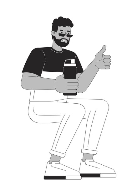Hombre influyente con botella de agua reutilizable personaje de dibujos animados en 2D en blanco y negro
