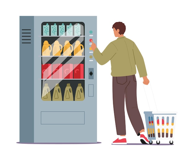 El hombre inserta monedas en la máquina expendedora en la lavandería pública seleccionando detergente con una mirada determinada personaje masculino listo para ropa limpia y fresca personas de dibujos animados ilustración vectorial