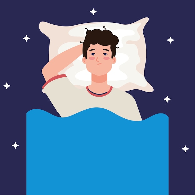 Vector hombre de insomnio en la cama con diseño de almohada, sueño y tema nocturno