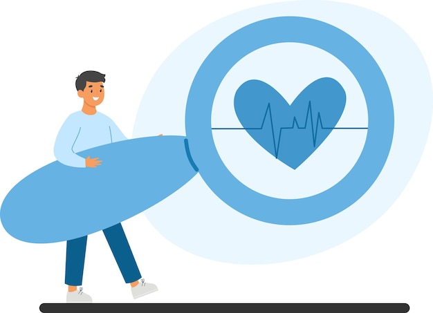 Hombre inspeccionando la salud del corazón con una gran lupa Concepto de examen de salud y bienestar cardíaco
