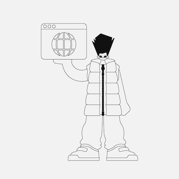 Un hombre inspirador está sosteniendo una ventana de navegador carácter de estilo lineal