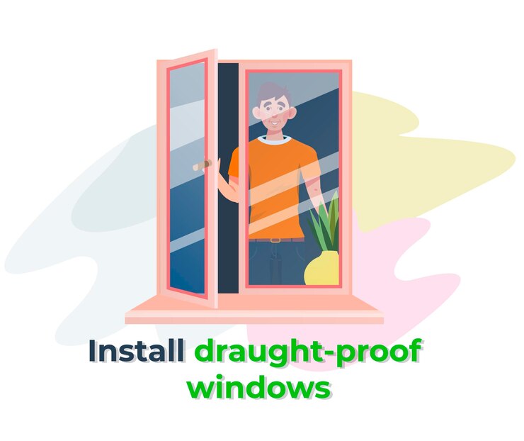 Vector hombre instaló ventanas a prueba de corrientes de aire para conservar el calor en el hogar sugerencia sobre cómo reducir las facturas de servicios públicos