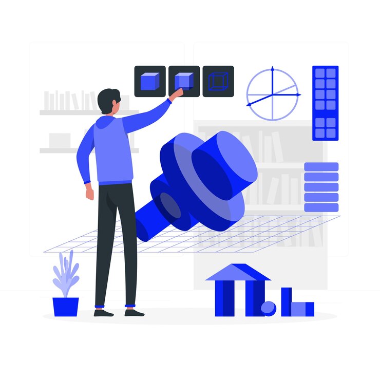 Vector hombre interactuando con modelos 3d y visualización de datos