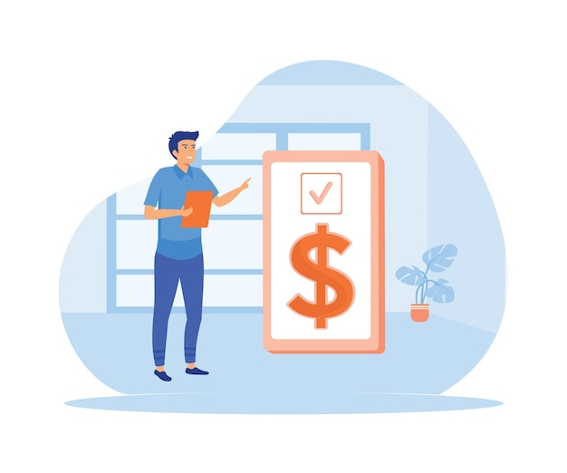 El hombre invirtiendo dinero en el desarrollo personal, el conocimiento y la educación. Ilustración moderna de vector plano