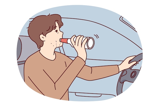 Un hombre irresponsable bebe alcohol de una botella que conduce un automóvil arriesgando la vida de los peatones Imagen vectorial
